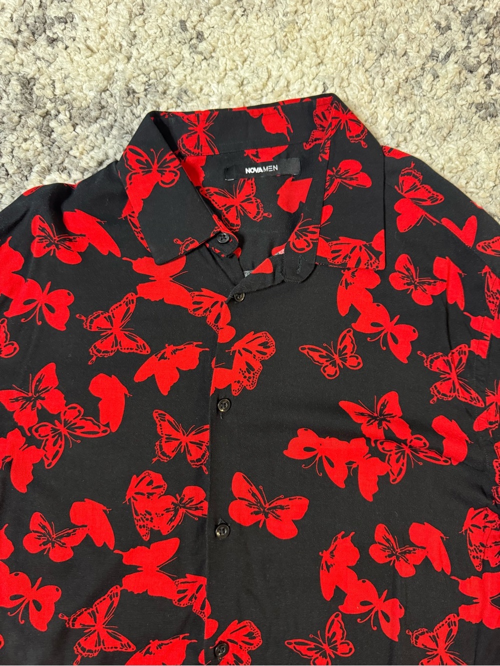 Fashion Nova, Men’s Black Long Sleeve Button-Down Shirt with Red Butterfly Print - Picture 4 of 6